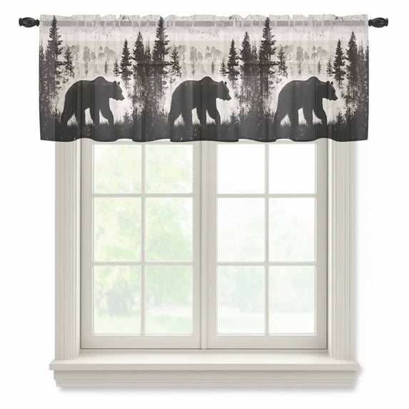 Rustic Bear Valance Curtains for Kitchen/Living Room/Bathroom/Bedroom Window, Rod Pocket Small Topper Half Short Window Curtains Voile Sheer Scarf, Vintage Country Wildlife Forest Mountains 42"x12"