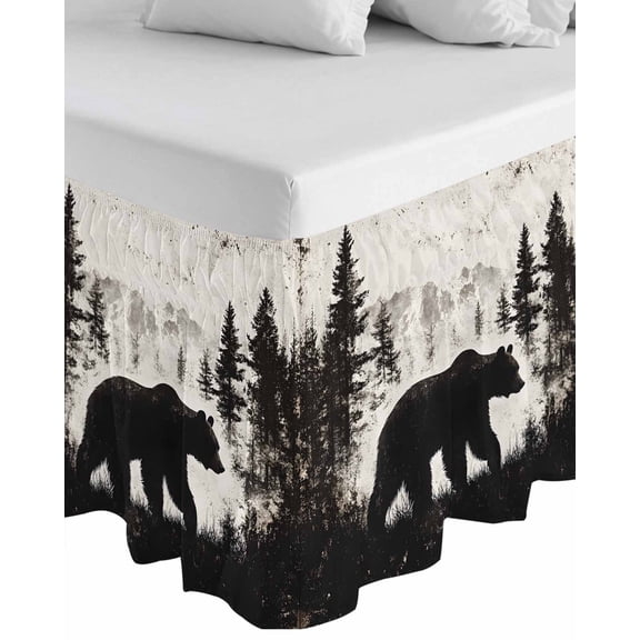 Rustic Bear Wrap Around Bed Skirts for California King Bed 16" Drop,Bed Skirt with Adjustable Elastic Belt Dust Ruffle Bed Valance Vintage Country Wildlife Forest Mountains Bed Frame Cover