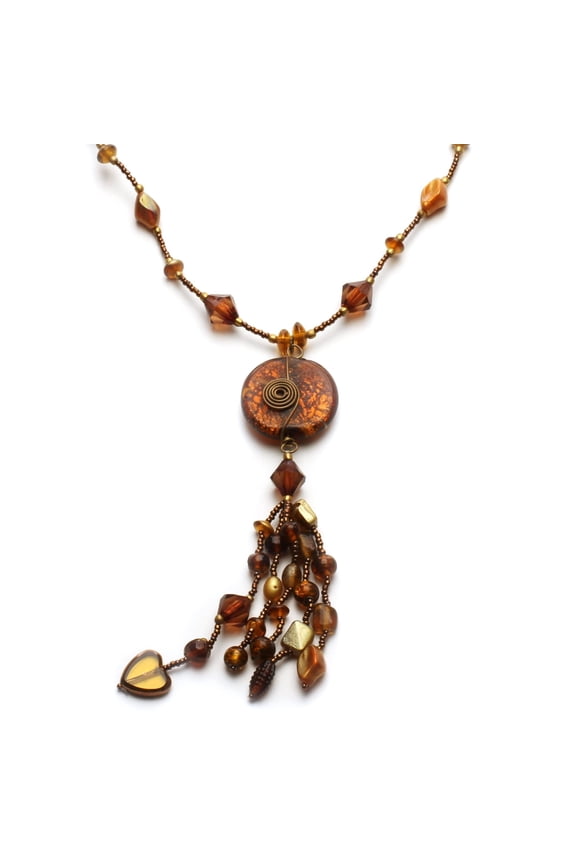Bohemian Glass Bead Tassel Statement Necklace - Amber Brown Long Pendant Jewelry Necklace
