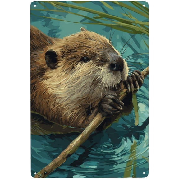 Rustic Beaver In Water Metal Tin Sign, Wildlife Wall Art Aluminum Plaque for Home Decor, Natural Forest Scene Poster, 8 x 12 Inch