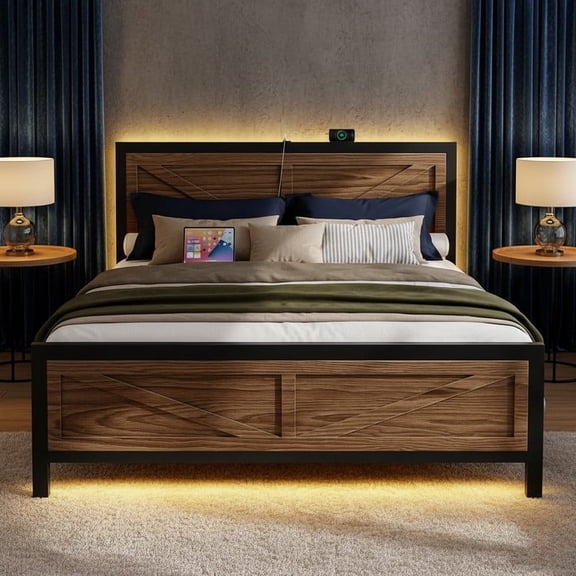 Rustic Bed Frame Full Size with Barn Door Headboard, LED Bed Frame with Charging Station, Industrial Platform Metal Bed Frames, No Box Spring Needed, Easy Assembly, Brown