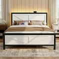 thumbnail image 1 of Rustic Bed Frame Queen Size with Barn Door Headboard, LED Bed Frame with Charging Station, Industrial Platform Metal Bed Frames, No Box Spring Needed, Easy Assembly, White, 1 of 7