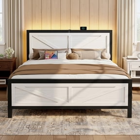 SESSLIFE Queen Size Bed Frame with Headboard, Rustic Wood and Metal ...