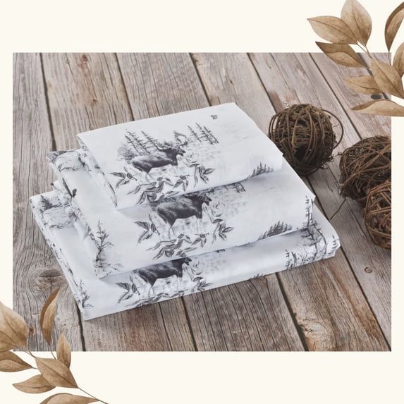Rustic Lodge Toile Moose Forest Sketch Print Bed Sheet Set - Ultra Soft 4-Piece Queen Bedding with 2 Pillowcases - Cabin and Woodland Themed Microfiber Sheets for Cozy Lodge and Rustic Home Décor