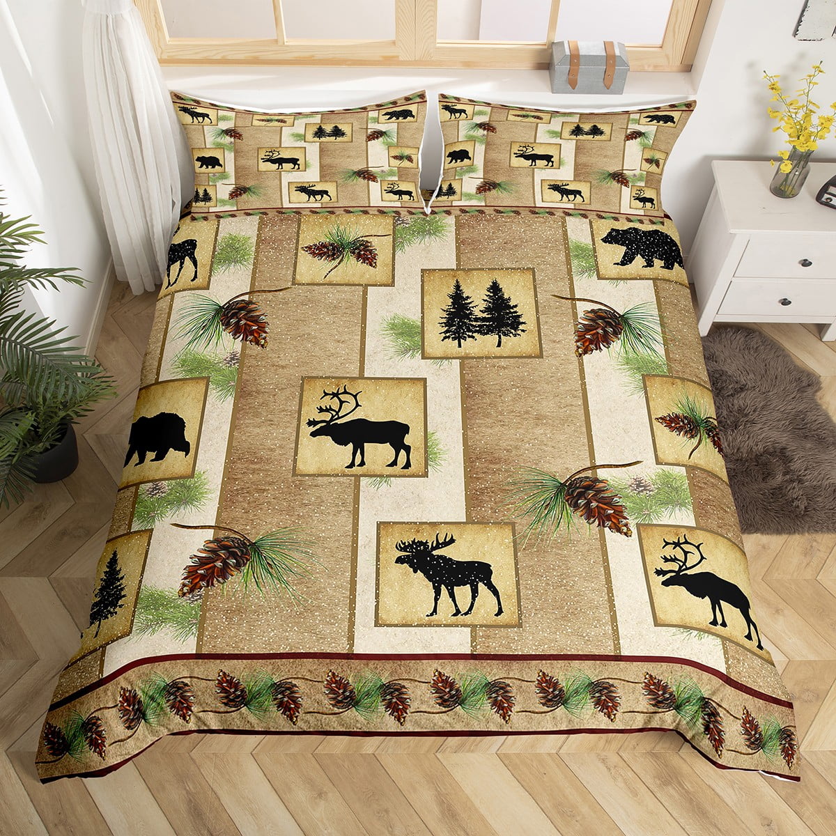 Rustic Bedding Set Bear Moose Elk Deer Hunting Comforter Cover Pine