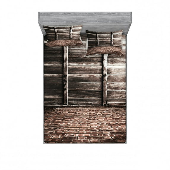 Rustic Bedding Set with Sheet & Covers, Aged Cracked Striped Oak Boarded Plank Wall Background and Dated Brick Floor Picture, Printed Bedroom Decor 2 Shams, 4 Sizes, Brown, by Ambesonne