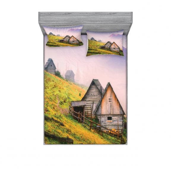 Rustic Bedding Set with Sheet & Covers, Nature Wooden Houses in a Carpathian Mountains Ukraine Early Misty Morning Picture, Printed Bedroom Decor 2 Shams, 4 Sizes, Green Brown, by Ambesonne