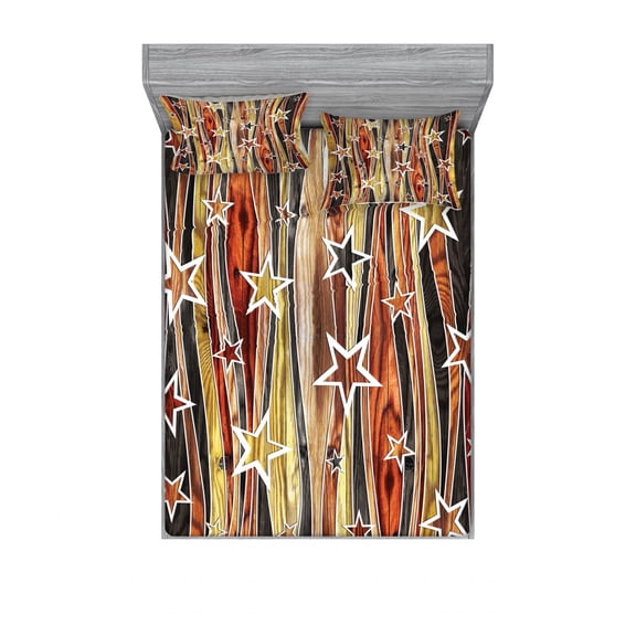 Rustic Bedding Set with Sheet & Covers, Vertical Wavy Stripes Oak Timber Wood Design with Various Star, Printed Bedroom Decor 2 Shams, 4 Sizes, Black Pale Coffee Brown, by Ambesonne