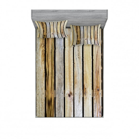 Rustic Bedding Set with Sheet & Covers, Vintage Timber Fence of Country Rough Rural House Cabin Village Mother Earth Nature Print, Printed Bedroom Decor 2 Shams, 4 Sizes, Brown, by Ambesonne