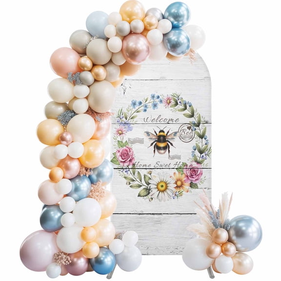 Rustic Bee Flower Wreath Arch Backdrop Cover Spandex Fitted Arch Cover 6FT,Arches Backdrop Stand Covers for Wedding Birthday Party Ceremony Banquet Decoration Farmhouse White Wood Board