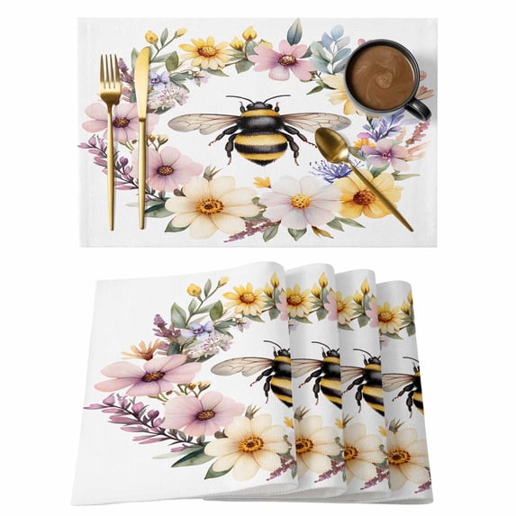 Rustic Bee Garland Placemats Set of 6 Spring Floral Watercolor Place Mats Indoor Wipeable Table Mats Washable Cloth Dining Table Placemats for Kitchen Holiday Party Home Decor 13x19 Inch