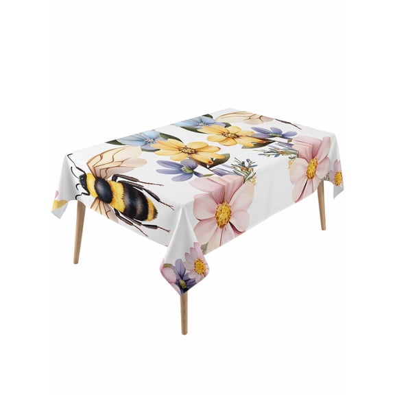 Rustic Bee Garland Table Cloth, Waterproof Tablecloth for Rectangle Tables, Spring Watercolor Flowers Reusable Washable Fabric Table Cover for Restaurant Kitchen Dining Tables 54"x108"
