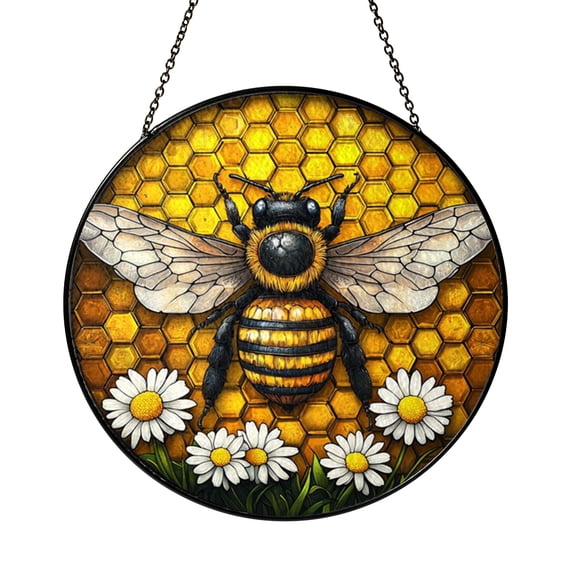 Rustic Bee Honeycomb Decorative Window Hanging, Stained Glass Inspired Art Panel for Farmhouse Home