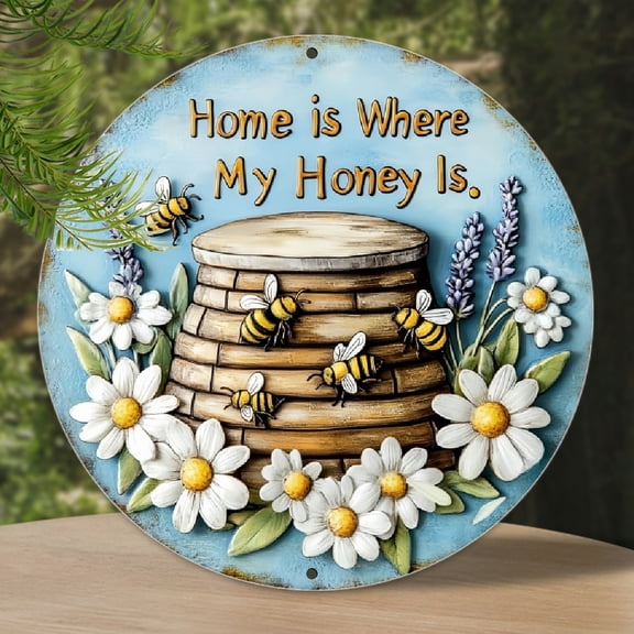 Rustic Bee Wreath Sign for Wreaths, Home ls Where My Honey ls, Lavenderand Daisies, Round MetalFarmhouseSign