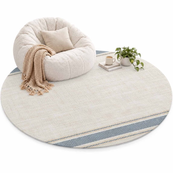 Rustic Beige Area Rug 3', Slate Blue Stripes Border Farmhouse Linen ...