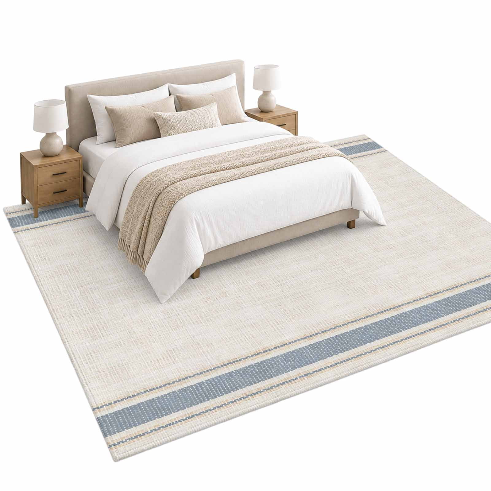 Rustic Beige Area Rug 5'x8', Slate Blue Stripes Border Farmhouse Linen ...