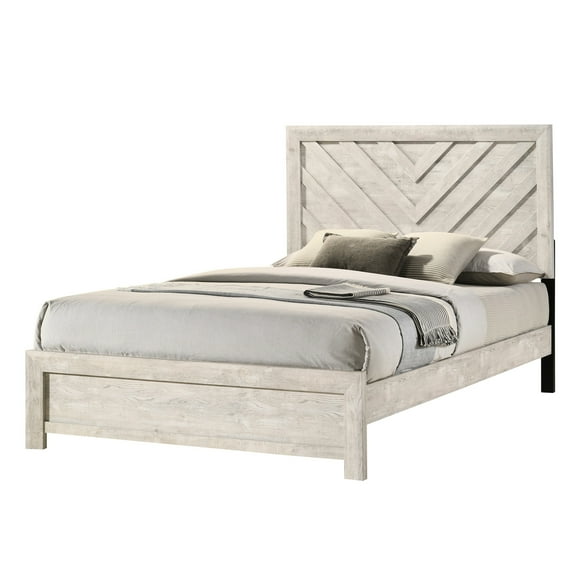 Rustic Beige Gray Queen Bedroom Furniture , Geometric Pattern Headboard, Solid Wood Finish Size Bed,