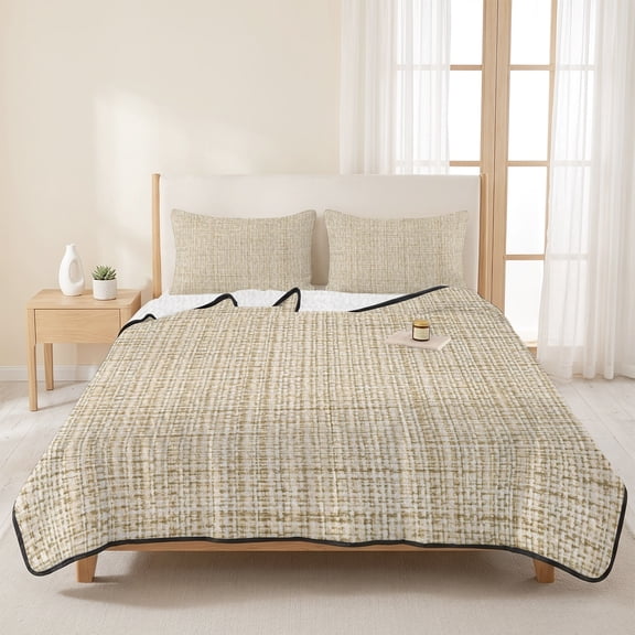 Rustic Beige Linen Texture 3 Pieces Quilt Set,1 Quilt with 2 Shams,Farmhouse Burlap Bedspread Soft Lightweight Bedding Coverlet Comforter Set for All Season 96"x106"