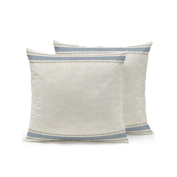 Rustic Beige Outdoor Throw Pillows with Inserts Set of 2, 16"x16" Slate Blue Stripes Border Farmhouse Linen Texture Waterproof Square Patio Pillows for Outside Furniture, Sofa, Porch, Garden