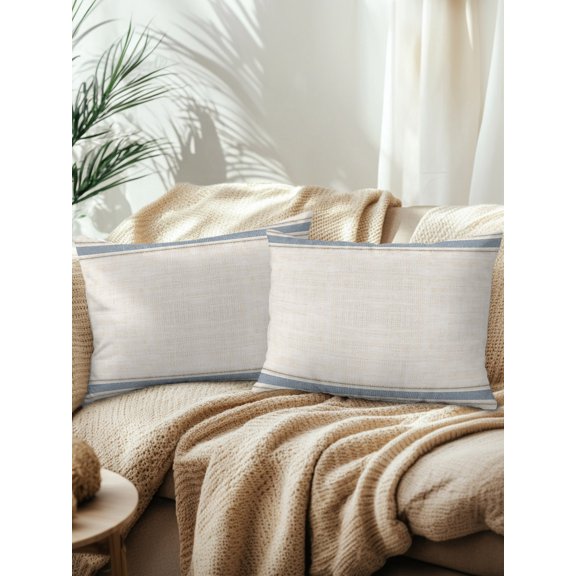 Rustic Beige Outdoor Throw Pillows with Inserts, Slate Blue Stripes Border Farmhouse Linen Texture 12”x20” Set of 2 Waterproof Decorative Patio Throw Pillow Inserts for Patio Furniture Bench