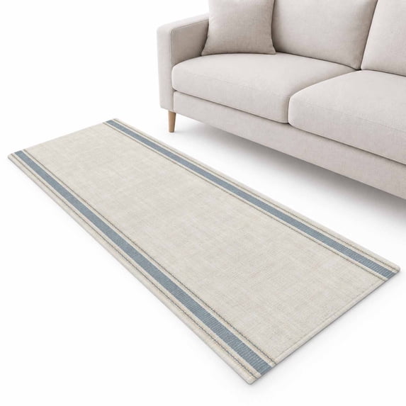 Rustic Beige Runner Rug 2.6'x12', Slate Blue Stripes Border Farmhouse ...
