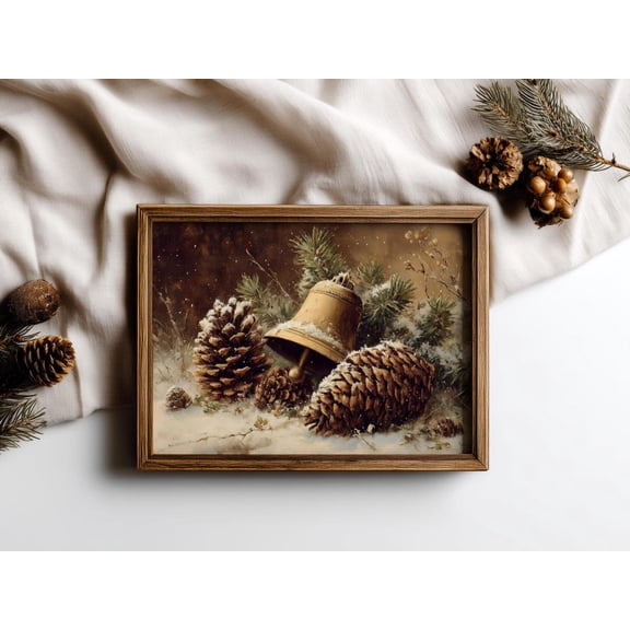 Rustic Bell Pinecone Winter Wall Art, Unframed Paper Print Size 8x12