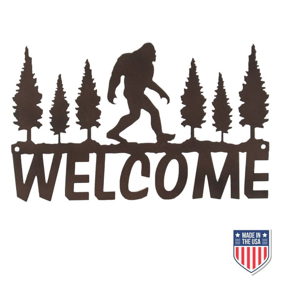 Rustic Bigfoot Welcome Sign Metal Wall Art for Cabin Entryway, Forest Lodge Decor