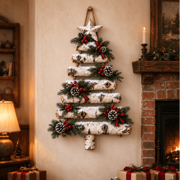 Rustic Birch Christmas Tree Wall Hanging, Rustic Woodland Christmas Tree with 8 Lighting Modes for Entryway Walls