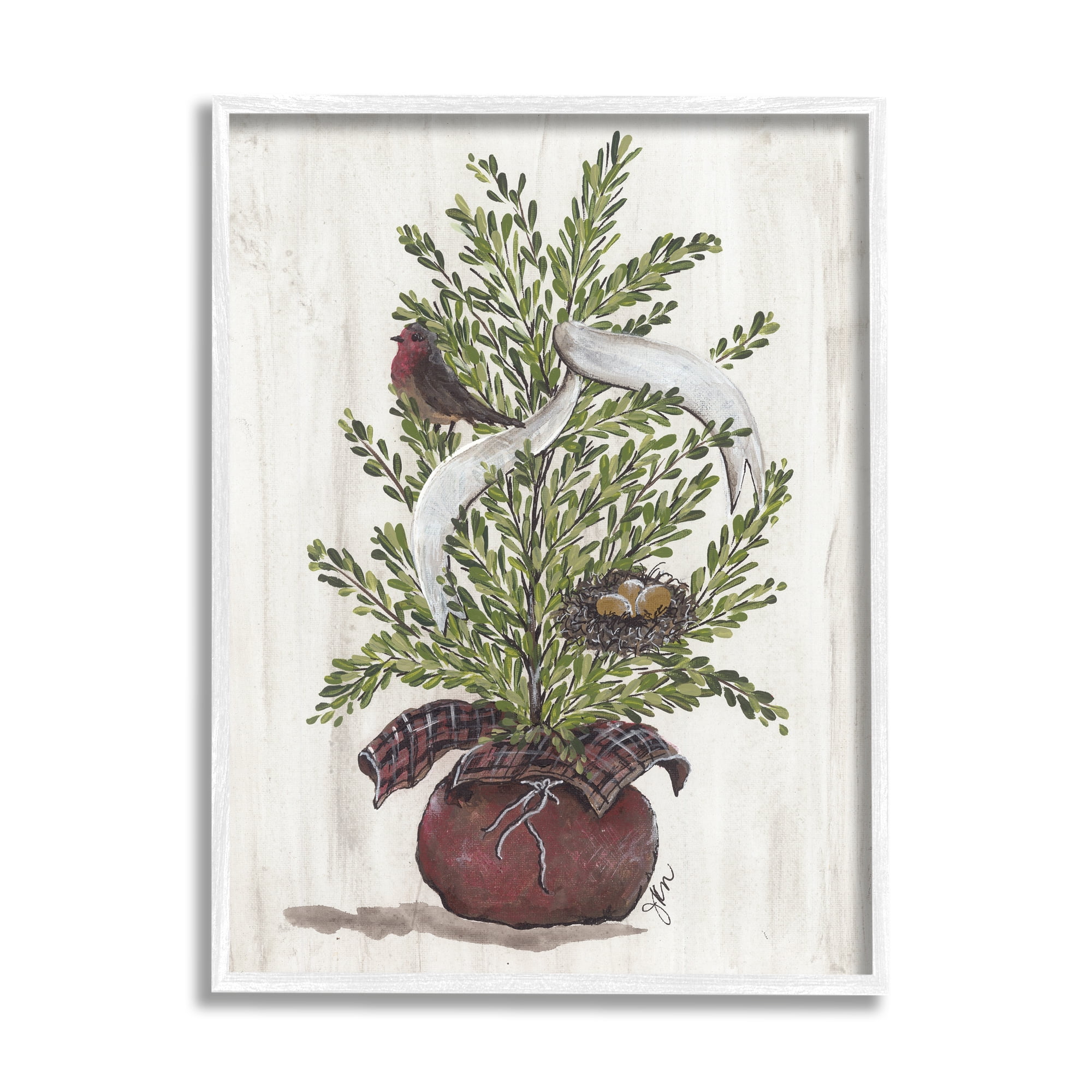 Rustic Bird & Nest Nestled Seasonal Potted Tree Inspirational Painting Framed Art Print Wall Art
