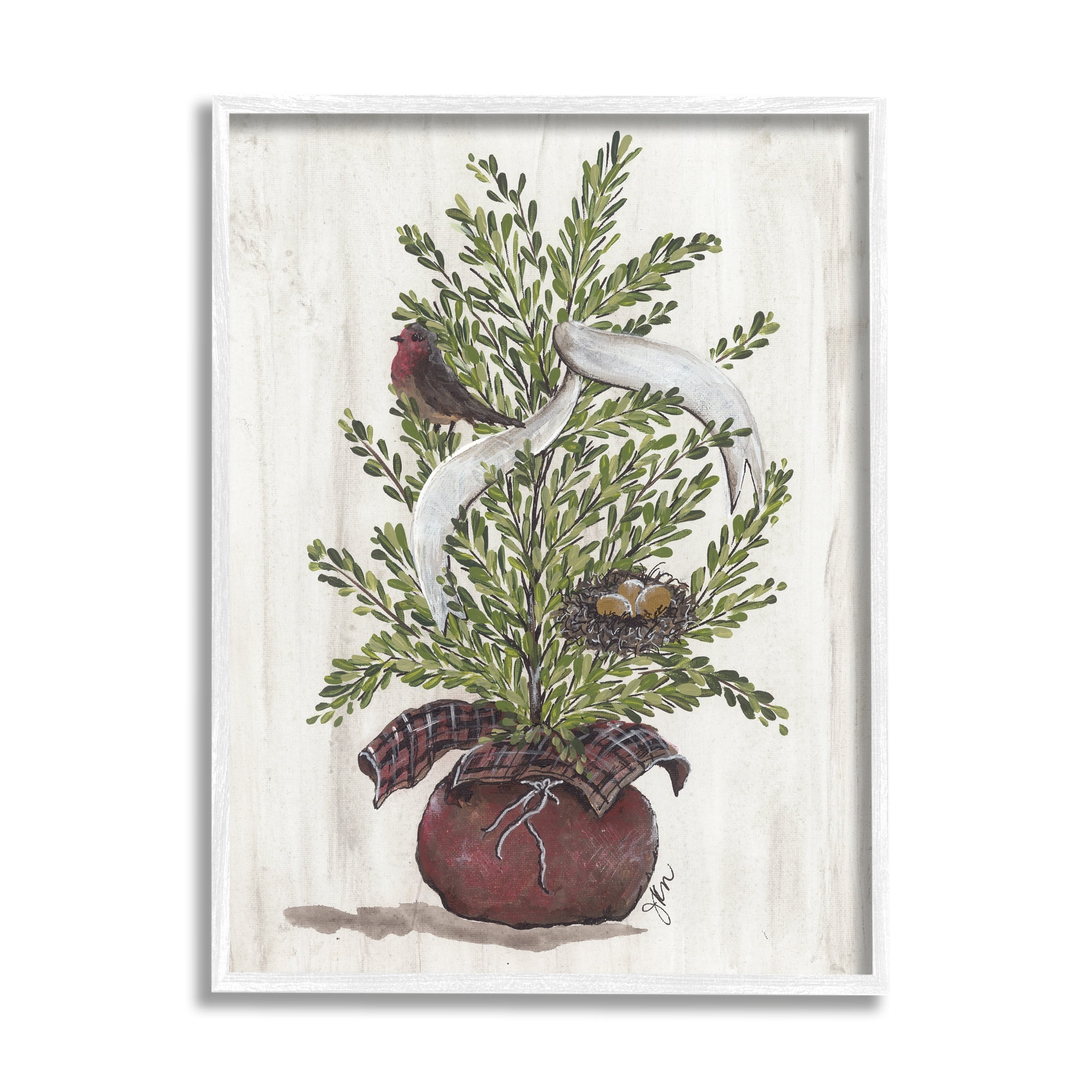 Rustic Bird & Nest Nestled Seasonal Potted Tree Inspirational Painting Framed Art Print Wall Art