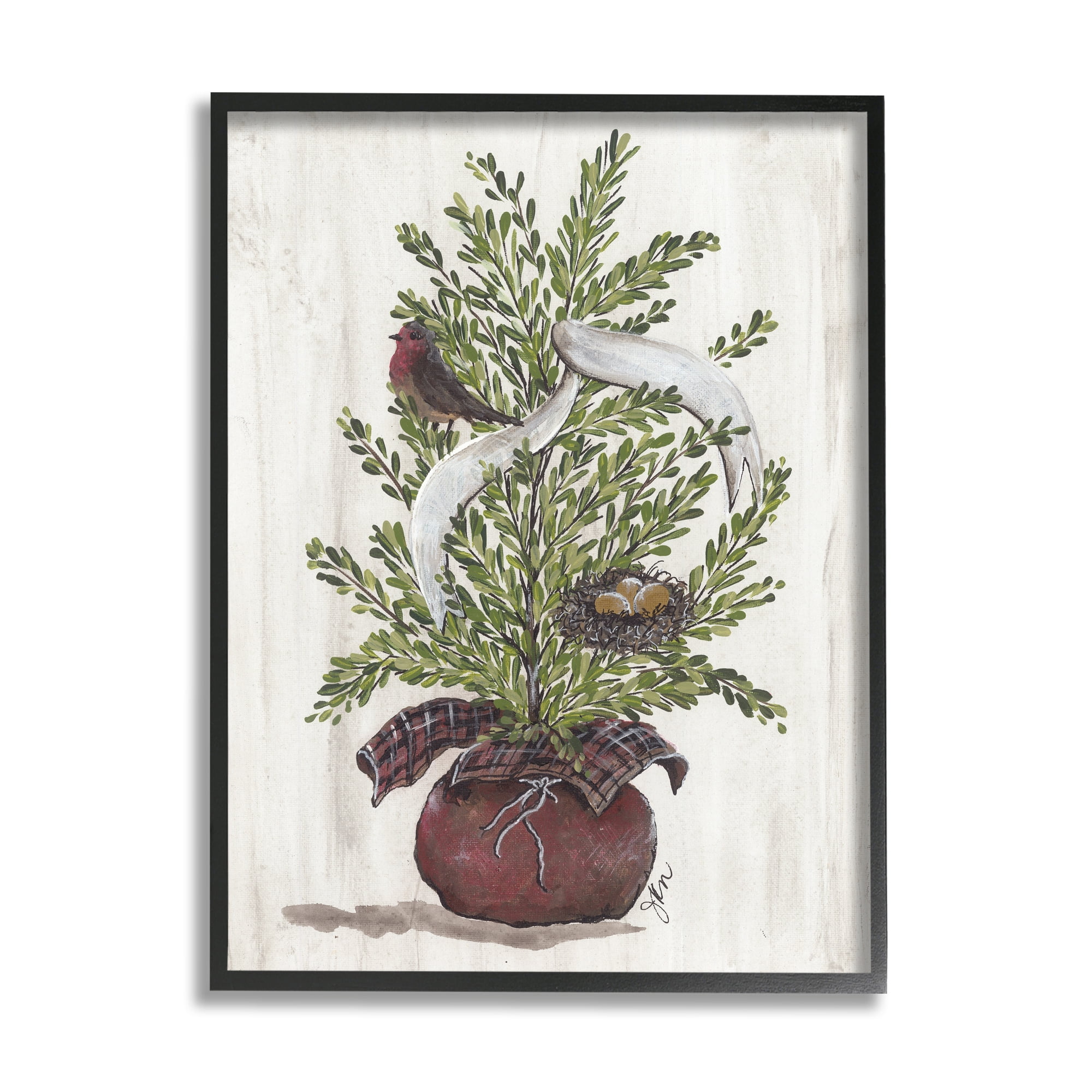 Rustic Bird & Nest Nestled Seasonal Potted Tree Inspirational Painting Framed Art Print Wall Art