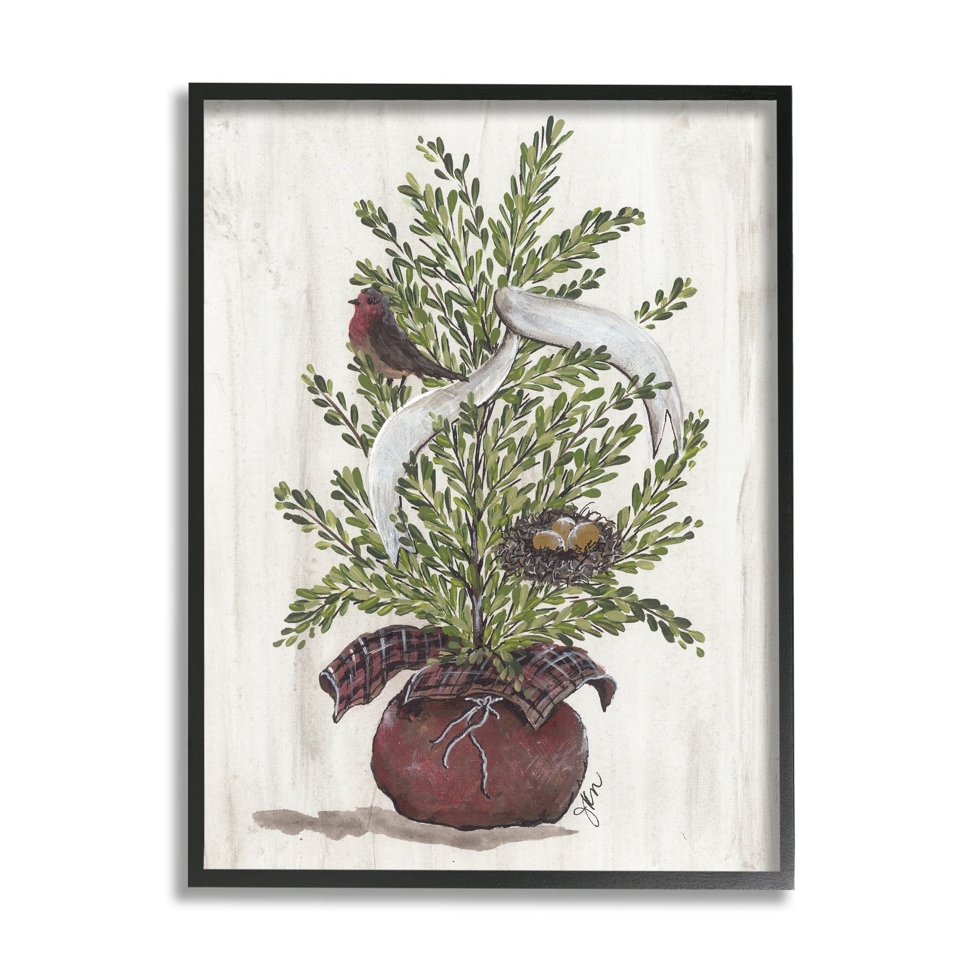 Rustic Bird & Nest Nestled Seasonal Potted Tree Inspirational Painting Framed Art Print Wall Art
