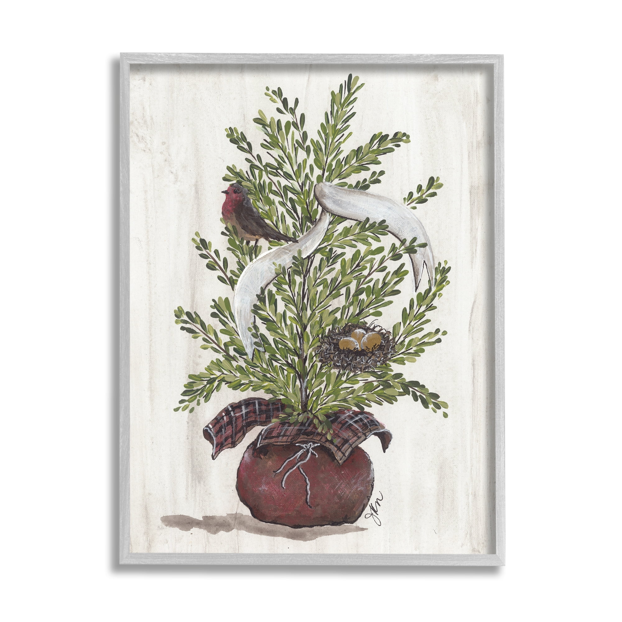 Rustic Bird & Nest Nestled Seasonal Potted Tree Inspirational Painting Framed Art Print Wall Art