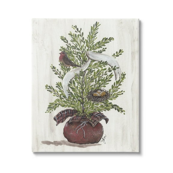 Rustic Bird & Nest Nestled Seasonal Potted Tree Inspirational Painting Gallery-Wrapped Canvas Print Wall Art
