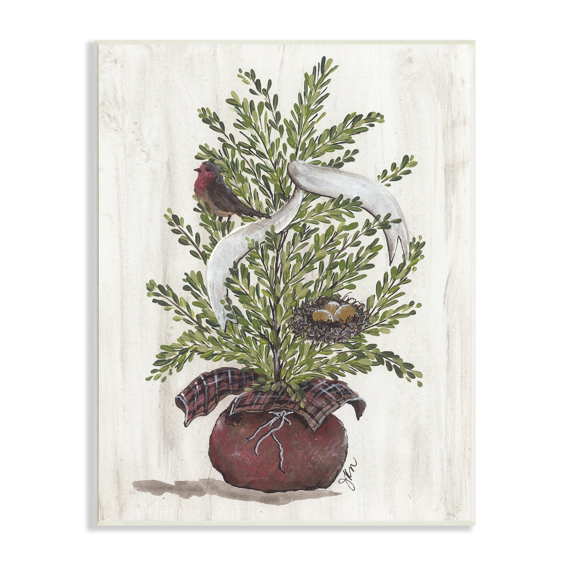 Rustic Bird & Nest Nestled Seasonal Potted Tree Inspirational Painting Unframed Art Print Wall Art