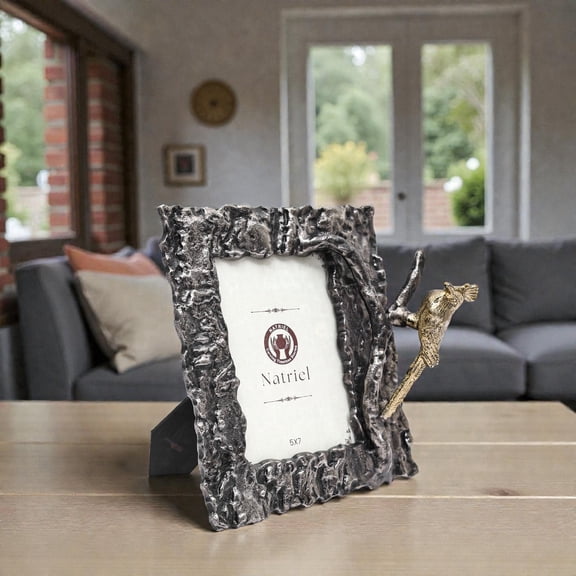 NATRIEL Rustic Bird Perch Metallic Photo Frame, Silver and Gold, 5x7, Decorative Table Display