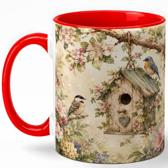 Rustic Birdhouse Coffee Mug, Watercolor Spring Flowers and Birds Design, 11 oz Ceramic Cup