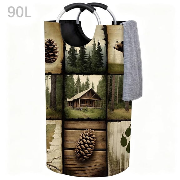 Forest Animal Bear Laundry Basket With Padded Handle - Oversized Foldable Clothing Storage Basket, Portable Durable And Easy To Store,Suitable For Bathroom, Bedroom,Holiday Gift- 90L