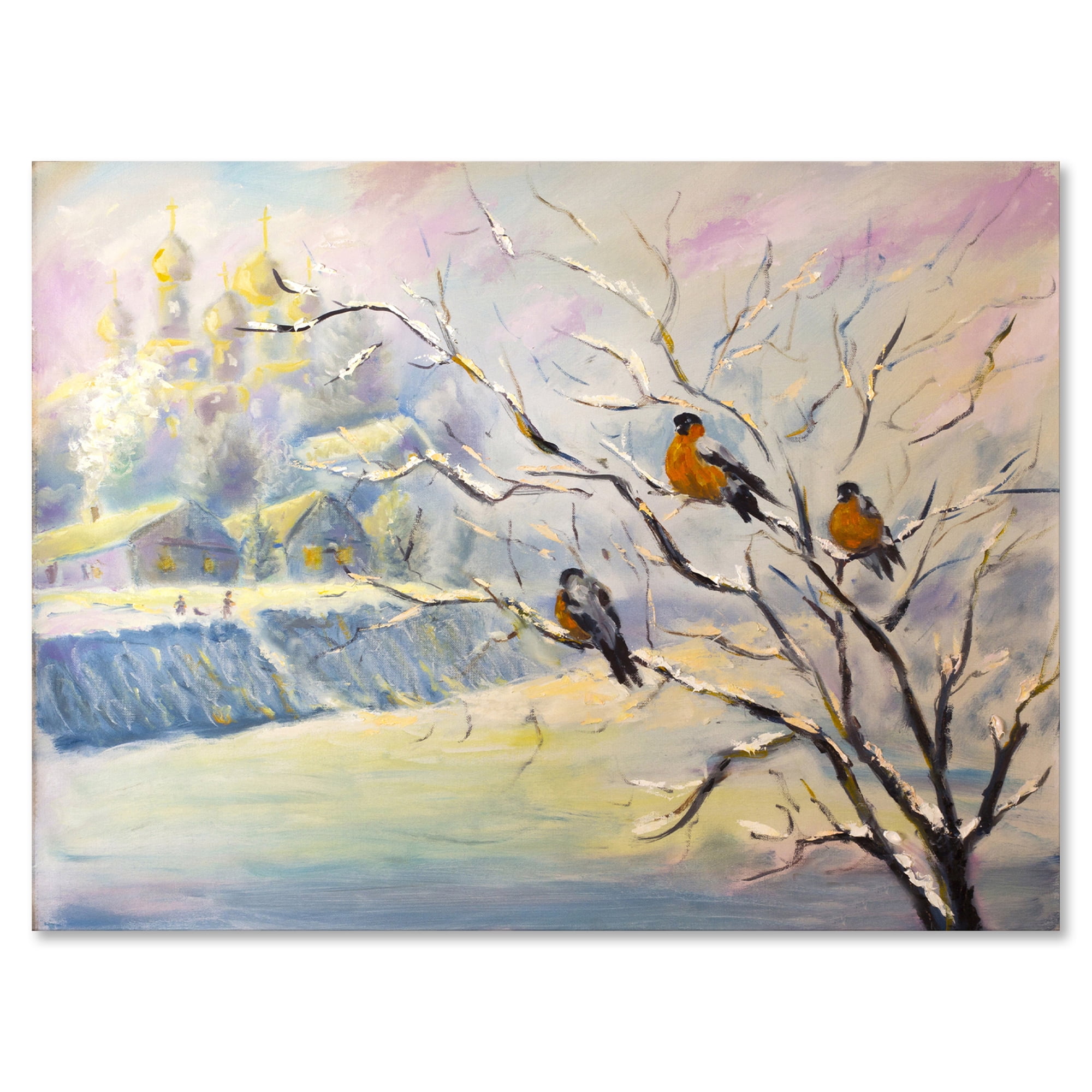Rustic Winter Village Birds on Tree Canvas Art Print, 12 x 8 Inches