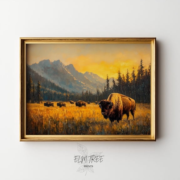 Rustic Bison Herd In Meadow, Earthy Landscape, Cottagecore Wall Art, Vintage Yellowstone Scene, Nature Decor 638 #2394, Unframed Poster Size 8x12