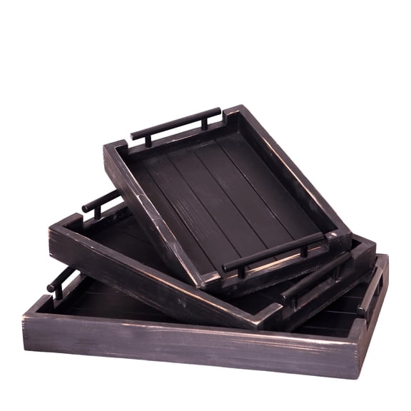 Rustic Black 3Pc Nesting Wooden Serving Trays For Coffee Table, Breakfast, Ottoman, Parties