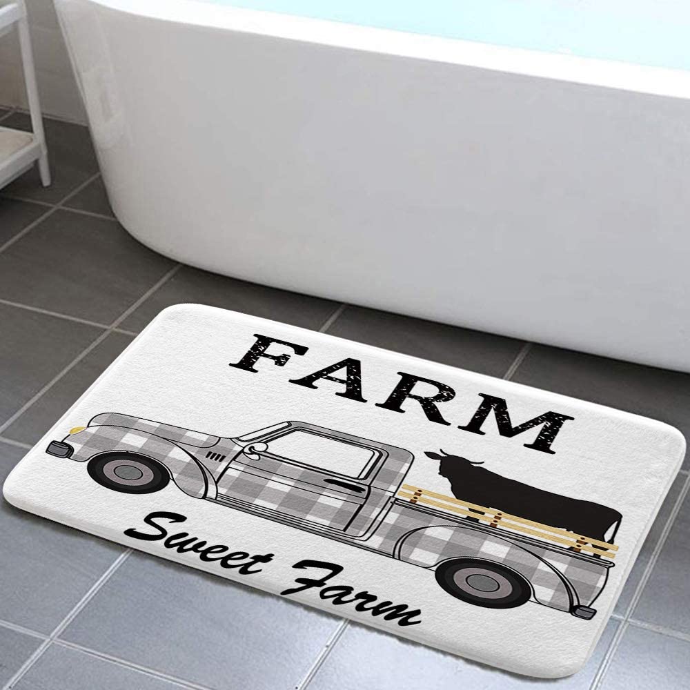 Rustic Black And White Plaids Farmhouse Cattle Truck Bathroom Rug