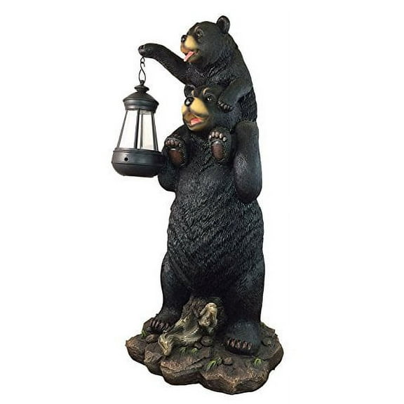 Rustic Black Bear Carrying Cub On Shoulder Family Statue Solar LED Lantern Light