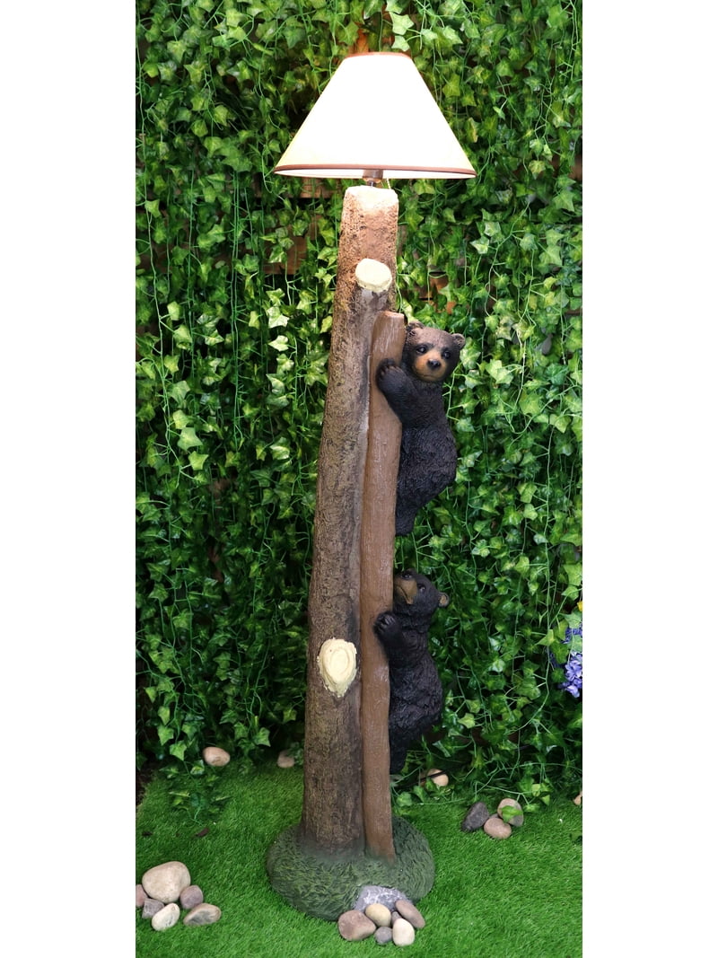 Rustic Black Bear Cubs Climbing Tree Ladder Floor Lamp Statue for