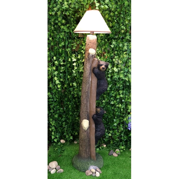 Rustic Black Bear Cubs Climbing Up Tree Ladder Standing Floor Lamp Statue 60"H