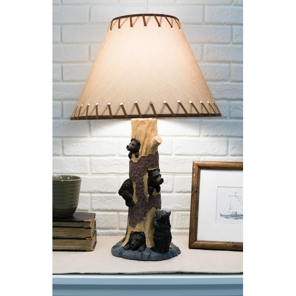 Rustic Black Bear Cubs Peekaboo Climbers by A Tree Table Lamp Statue With Shade
