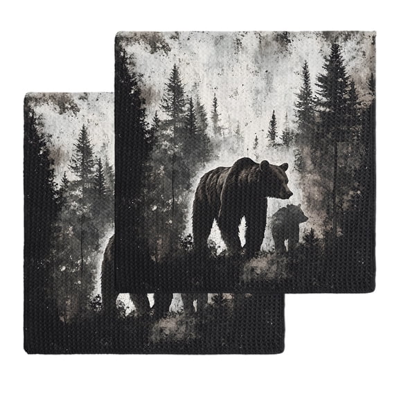 Rustic Black Bear Dish Towels Set, Waffle Weave Kitchen Towels 2 Pieces, Country Cabin Forest Wildlife Microfiber Hair Face Bath Tea Towel Absorbent Quick Drying Cleaning Dish Cloths, 12"x12"