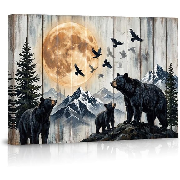 Rustic Black Bear Family Canvas Wall Art Mountain Forest Wildlife Nature Poster with Full Moon and Ravens Artwork for Living Room Cabin Home Wall Decorations