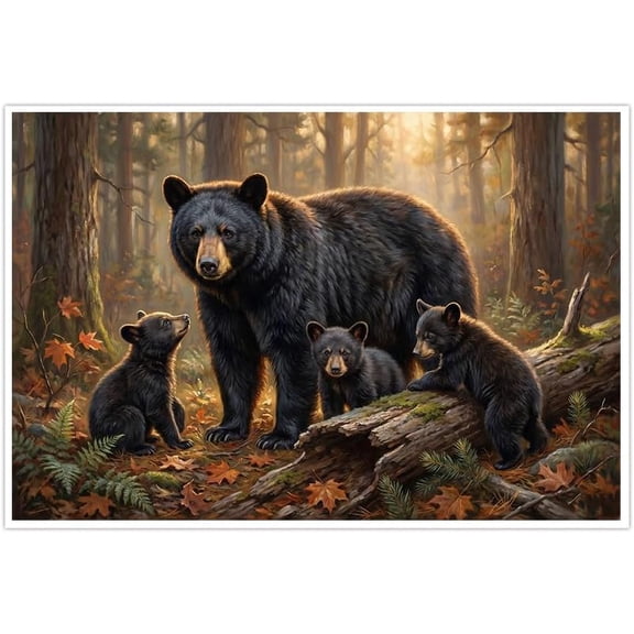 Rustic Black Bear Family Wall Art Wildlife Forest Nature Cabin Decor Poster