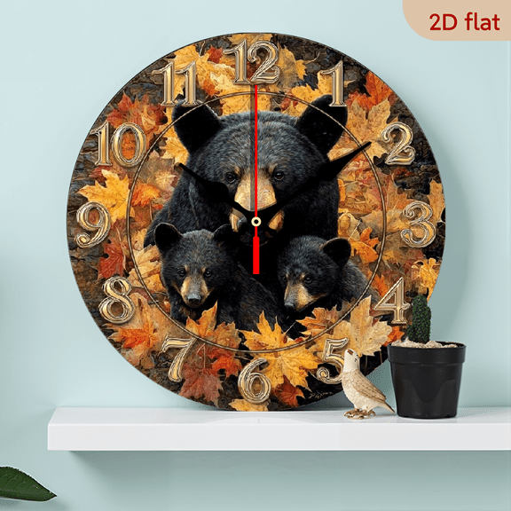 Rustic Black Bear Family Wooden Wall Clock 10Inch Round Farmhouse Decor with Autumn Leaves, Easy to Read Numbers, Silent Non-Ticking for Kitchen, Bedroom, Office - Battery Not Included, Be